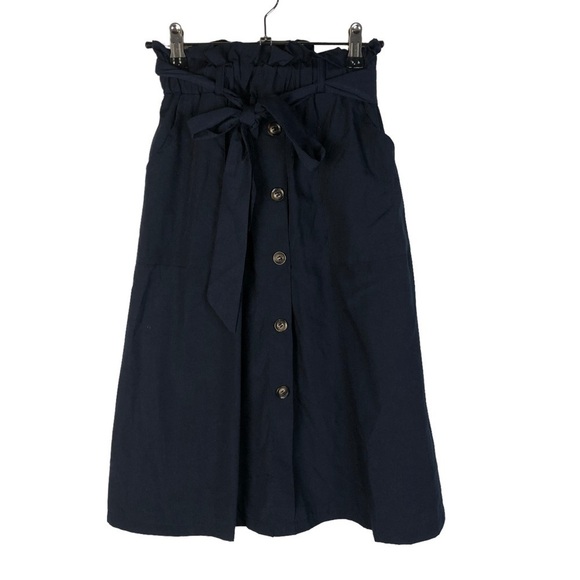 Boutique Navy Blue High Waist Button Front A-Line Midi Skirt XS - Picture 1 of 4